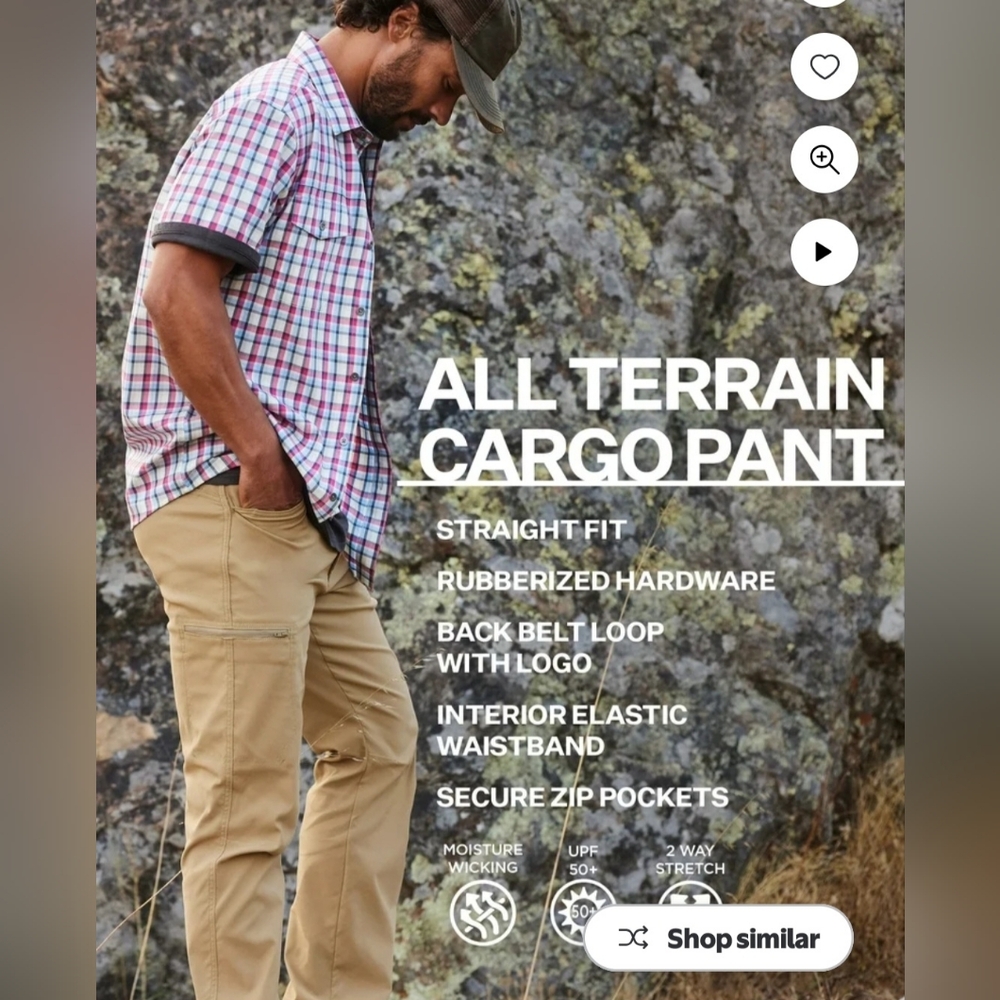 Wrangler ATG All Terrain Cargo Pants 34x32 Khaki Stretch Hiking Zip Pockets